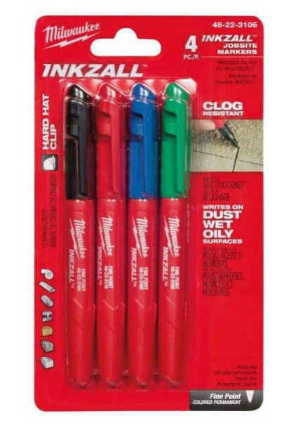 Milwaukee INKZALL™ jelölő filc, 1 mm vékony tartós hegy, kék, piros, zöld és fekete, 4 db/csomag termék fő termékképe