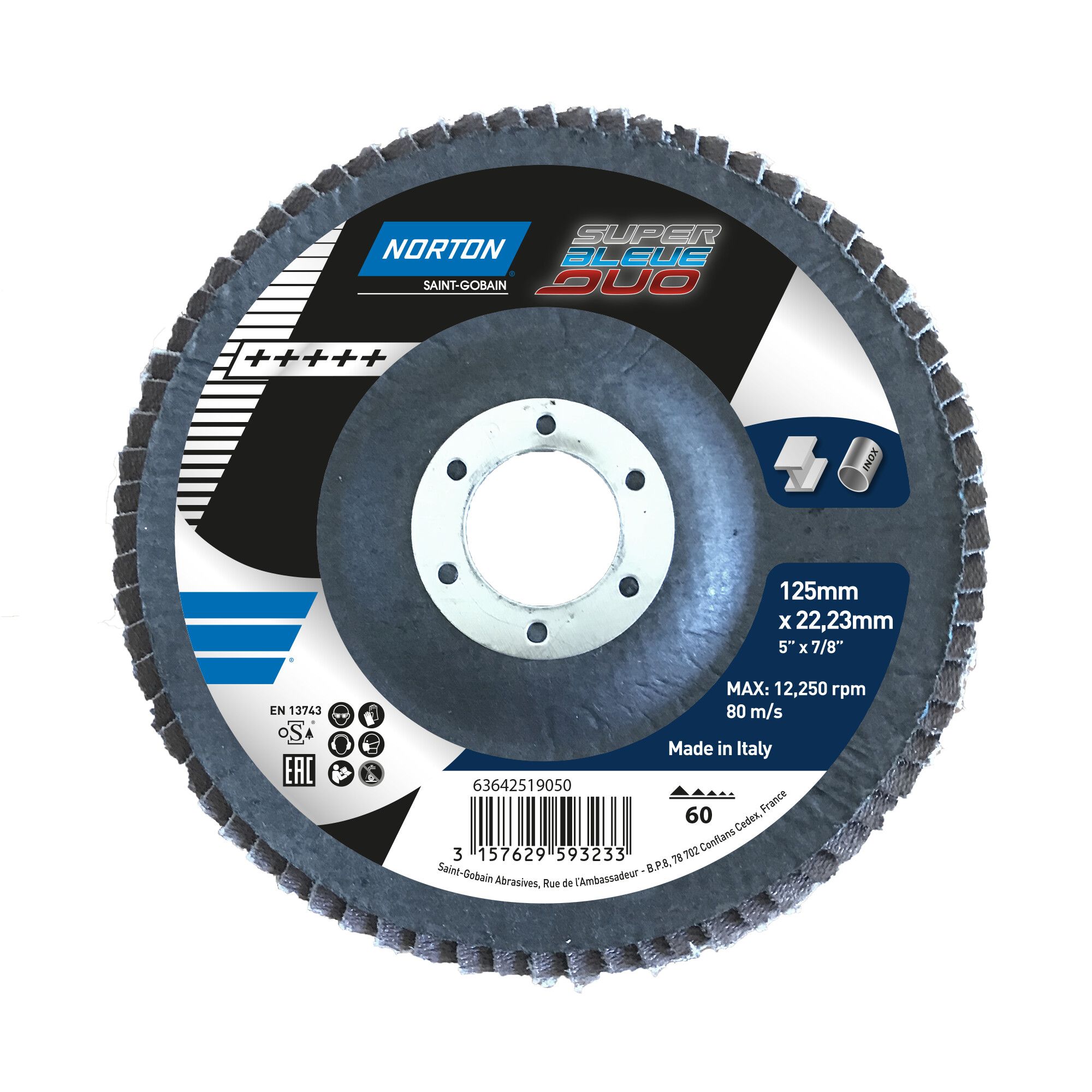 Norton Super Bleue 4 R842/RX22 lamellás csiszolókorong Ø125x22 mm P60, 10 db/csomag termék fő termékképe